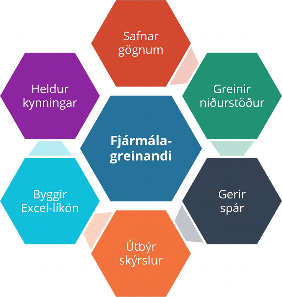 Sexhyrnd skýringarmynd sýnir sex verkefni fjármálagreinanda: safna gögnum, greina niðurstöður, gera spár, útbúa skýrslur, byggja Excel-líkön og halda kynningar.