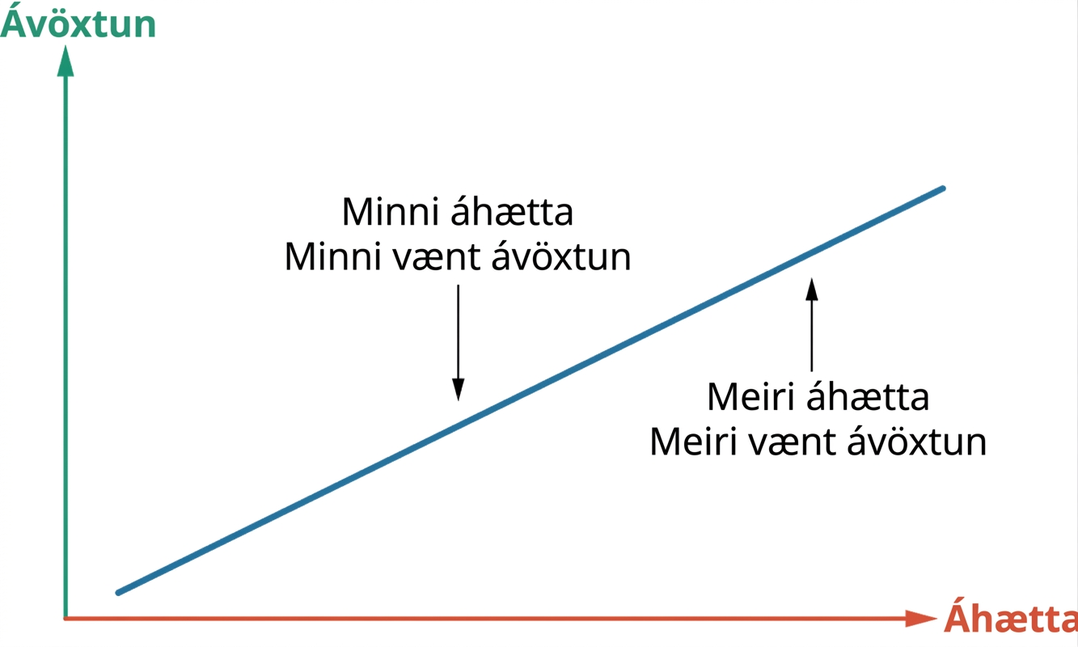Línurit sýnir áhættu og ávöxtun, þar sem áhætta er á x-ás og ávöxtun á y-ás. Skálína í miðju skiptir línuritinu í tvennt og sýnir sambandið milli meiri áhættu, sem gefur hærri vænta ávöxtun, og minni áhættu, sem gefur lægri vænta ávöxtun.