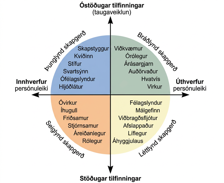 Hringur skiptist með lóðréttri og láréttri ör í fjóra hluta. Ásarnir eru merktir óstöðugar tilfinningar eða taugaveiklun, úthverfur persónuleiki, stöðugar tilfinningar og innhverfur persónuleiki. Hlutarnir eru merktir bráðlynd, léttlynd, seiglynd og þunglynd skapgerð og innihalda lýsandi persónuleikaorð.