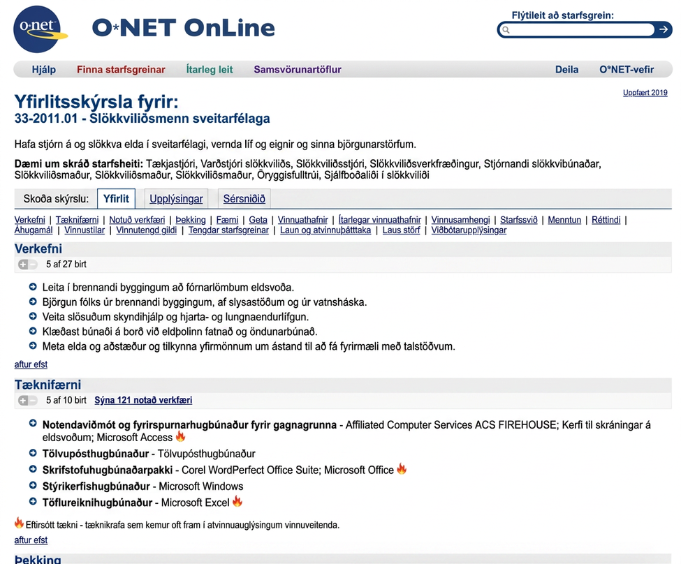 A screenshot of a website called “O-net online.” The page is a Summary report for Municipal Firefighters. Under the heading is a definition: “control and extinguish municipal fires, protect life and property and conduct rescue efforts.” There is a sample of reported job titles including Apparatus operator, fire captain, fire chief, fire engineer, fire equipment operator, fire figher, fireman, safety officer, volunteer firefighter. The page includes a summary of tasks including “Search burning buildings to locate fire victims, rescue victims from burning buildings, ancient sites, and water hazards, administer first aid and cardiopulmonary resuscitation to injured persons, dress with equipment such as fire-resistant clothing and breathing apparatus, assess fires and situations and report conditions to superiors to receive instructions, using two-way radios.” The summary of technology skills includes “Data base user interface and query software—Affiliated Computer Services ACS Firehouse; fire incident reporting systems Microsoft Access; electronic mail software—email software; Office suite software—Corel WordPerfect Office Suit, Microsoft Office; Operating system software—Microsoft Windows; Spreadsheet software—Microsoft Excel.”