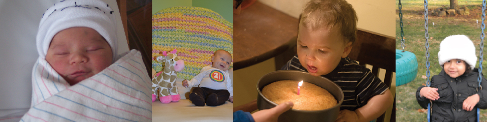 Myndasamsetning sýnir börn á ólíkum aldri: sofandi nýbura, smábarn við leikfangagíraffa, barn að blása á eitt kerti og barn í rólu.