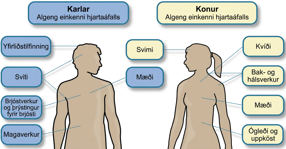 A figure showing outlines of the male and female bodies indicates common heart attack symptoms for each sex. For males, these include lightheadedness, perspiration, chest pain and pressure, stomach pain, and shortness of breath. For females, these include dizziness, anxiety, back and neck pain, shortness of breath, nausea and vomiting.