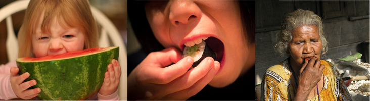 Ljósmynd til vinstri sýnir barn borða vatnsmelónu. Ljósmynd í miðju sýnir unga manneskju borða sushi. Ljósmynd til hægri sýnir eldri manneskju borða mat.