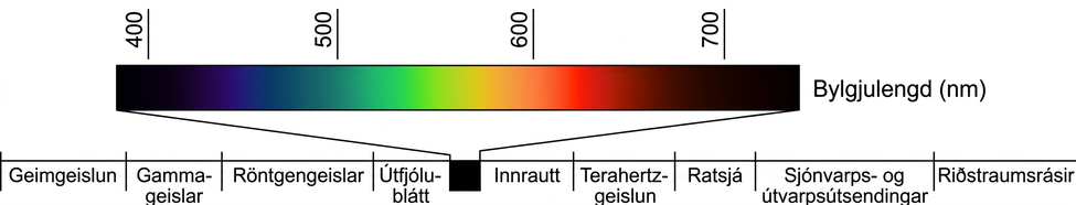 Lína sýnir bylgjulengd í nanómetrum við 400, 500, 600 og 700 nm. Á línunni sjást allir litir sýnilega litrófsins. Fyrir neðan eru merkingar frá vinstri til hægri: geimgeislun, gammageislar, röntgengeislar, útfjólublátt ljós, afmarkað svæði fyrir sýnilega litrófið, innrautt ljós, terahertz-geislun, ratsjá, sjónvarps- og útvarpsútsendingar og riðstraumsrásir.