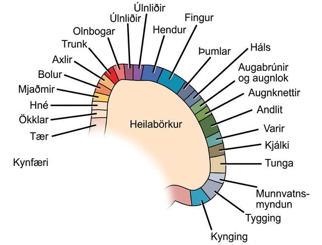A diagram shows the organization in the somatosensory cortex, with functions for these parts in this proximal sequential order: genitals, toes, ankles, knees, hips, trunk, shoulders, elbows, wrists, hands, fingers, thumbs, neck, eyebrows and eyelids, eyeballs, face, lips, jaw, tongue, salivation, chewing, and swallowing.