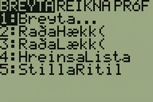 Mynd þrjú sýnir orðin edit, calc, tests efst á reiknivél. 1: edit 2: sort A 3: Sort D, 4:Clr List, og 5:Set up Editor