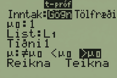 The display of a T I 83 calculator is shown. The display is titled T Test. The display shows 6 rows. The first row reads Inpt colon data stats and data is highlighted. The second row reads mu not 1. The third row reads List L1. The fourth row reads Freq 1. The fifth row reads mu with the following options does not equal mu not, less than mu not, greater than mu not greater than mu not is highlighted. The sixth row reads Calculate Draw and neither option is highlighted.