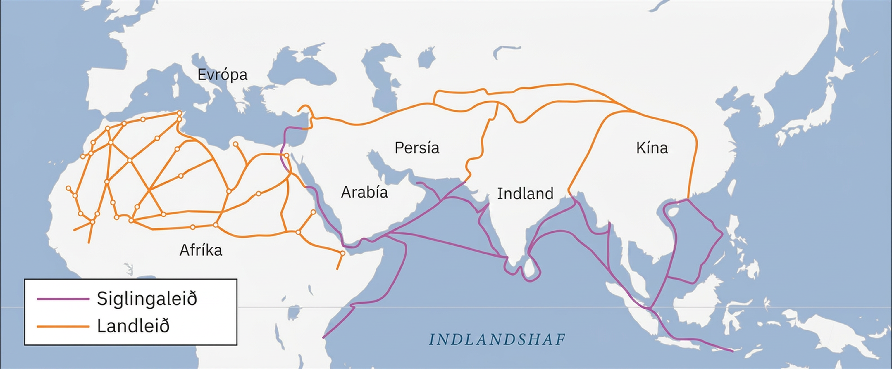 Kort. Land er hvítt og sjór blár. Evrópa er merkt í norðvestri og Afríka í suðvestri. Austan Afríku eru Arabía, Persía, Indland og Kína merkt í þessari röð. Mjóar fjólubláar línur, merktar „Siglingaleið“, liggja til austurs um hafsvæðin sunnan Kína, Indlands, Persíu og Arabíu og norður og suður með austurströnd Afríku. Ein þeirra liggur upp með vesturströnd Arabíu og stefnir í átt að Evrópu. Appelsínugular línur, merktar „Landleið“, hefjast í Kína, liggja vestur norðan Indlands og um Persíu og enda við fjólubláa línu norðvestan Arabíu. Appelsínugulu línurnar taka aftur við í norðurhluta Afríku og þvera álfuna í ýmsar áttir. Þær tengjast víða við litla, ómerkta hvíta og appelsínugula hringi.