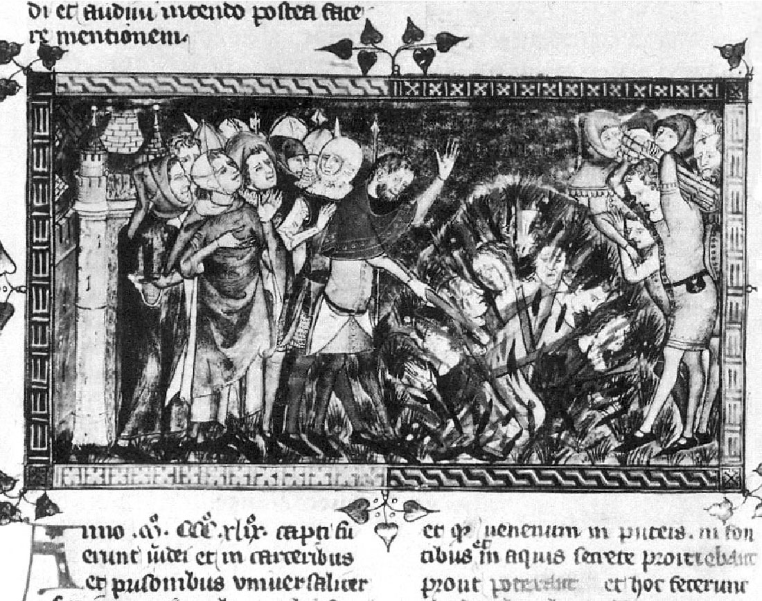 Svarthvít mynd er sýnd í skreyttum ramma með laufum í hornunum og fyrir miðju. Vinstra megin sést turn kastala og hlutar tveggja annarra turna í mikilli fjarlægð. Stór hópur fólks í dökkum fötum, hjálmum og höttum stendur þar og sumir halda á spjótum. Fremst stendur skeggjaður maður með hrokkið hár, heldur á priki og slær að hópi sex að því er virðist nakinna einstaklinga sem felast í runna. Hægra megin við runnann stendur maður í síðum bol og svörtum skóm, heldur fjórum prikum yfir höfði sér, gapir og horfir niður að runnanum. Að baki honum sjást fjórar óskýrar manneskjur og einn maður hallar sér fram og styður krosslagða handleggina á runnann. Jörðin og bakgrunnurinn eru dökk og kámug.