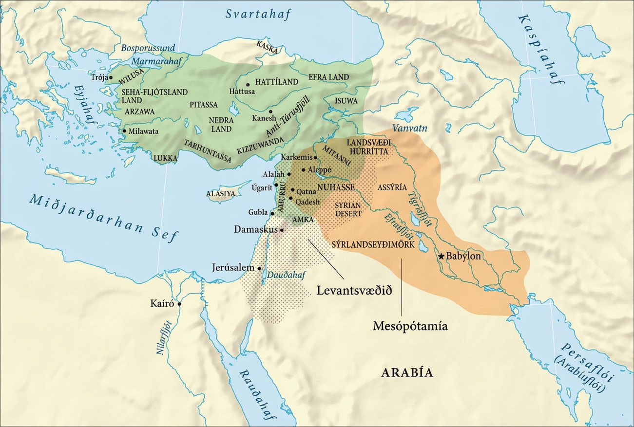 Kort sýnir Mið-Austurlönd og norðausturhorn Afríku. Svartahaf, Eyjahaf, Miðjarðarhaf, Kaspíahaf, Rauðahaf og Persaflói (Arabíuflói) eru merkt. Stærstur hluti Tyrklands er auðkenndur með grænum lit ásamt mestum hluta Sýrlands og Líbanons. Stærstur hluti Íraks er appelsínugulur og merktur „Mesópótamía“. Appelsínugula svæðið skarast við það græna í Sýrlandi og við suðausturjaðar Tyrklands. Ísrael er þakið svörtum punktum. Punktarnir skarast við grænu svæðin í Sýrlandi og Líbanon, hluta appelsínugula svæðisins í Sýrlandi og suðurhluta Tyrklands. Svörtu punktarnir eru merktir „Levant“. Við vesturströnd Tyrklands eru héruðin Wilusa, Seha R. Land og Arzawa merkt frá norðri til suðurs. Við Miðjarðarhafsströnd Tyrklands eru héruðin Lukka, Tarhuntassa og Kizzuwanda merkt frá vestri til austurs. Í miðju Tyrklandi eru héruðin Pitassa og Lower Land merkt, en í austri Kaska, Land of Hatti, Upper Land og Isuwa. Eyja sunnan Tyrklands er merkt Alasiya. Þar sem grænu og appelsínugulu svæðin og svörtu punktarnir skarast eru héruðin Hurrian Lands, Mitanni, Amurru, Nuhasse, Amka og Syrian Desert merkt. Í Sádi-Arabíu við Tígris er svæði merkt Assyria. Í Tyrklandi eru borgirnar Troy, Milawata, Hattusa og Kanesh merktar frá vestri til austurs. Í Mið-Austurlöndum eru borgirnar Carchemish, Alalah, Aleppo, Ugarit, Qatna, Qadesh, Gubla, Damascus, Babylon og Jerusalem merktar. Í Egyptalandi er borgin Cairo merkt við Níl.