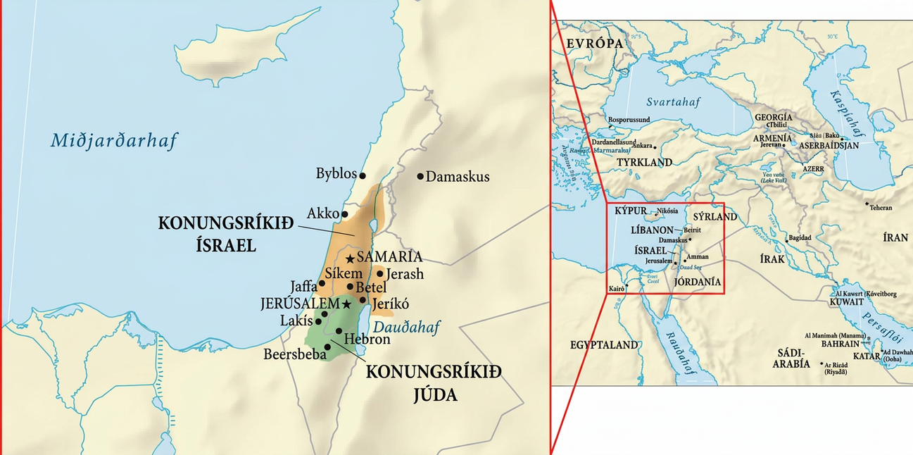 Vinstra megin er sýnt kort af Mið-Austurlöndum. Rammi nær yfir Kýpur, vesturhluta Sýrlands, Líbanon, Ísrael, Jórdaníu og norðausturhorn Egyptalands. Annað kort sýnir þetta svæði stærra. Við austurströnd Miðjarðarhafs er landsvæði auðkennt með appelsínugulum lit og merkt Konungsríkið Ísrael. Innan þess er stjarna sem sýnir Samaríu. Aðrar borgir eru Síkem, Jerash, Beit El, Jeríkó og Jaffa. Norðan við svæðið, án litamerkingar, eru borgirnar Damaskus og síðan Byblos og Akkó við ströndina. Sunnan við appelsínugula svæðið er minna svæði auðkennt með grænum lit og merkt Konungsríkið Júda. Innan þess er stjarna sem sýnir Jerúsalem. Aðrar borgir á svæðinu eru Lakís, Hebron og Beersheba.