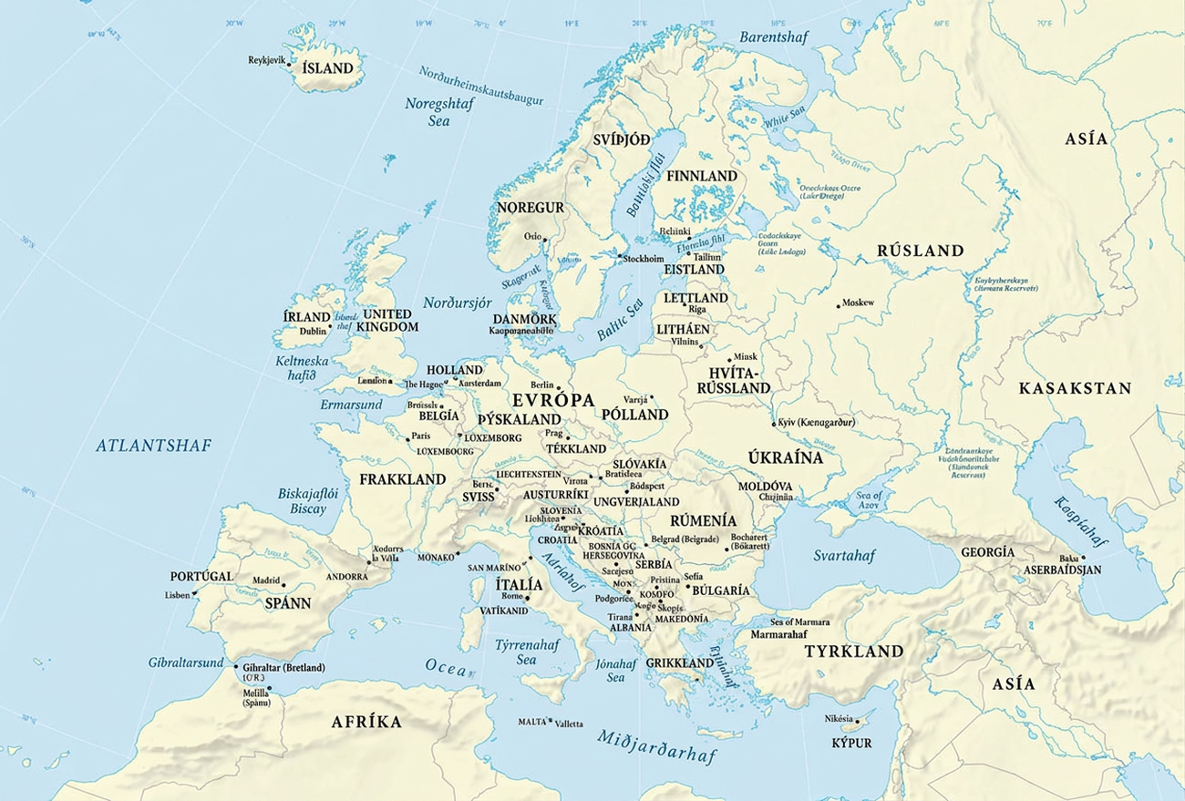 Kort af Evrópu.