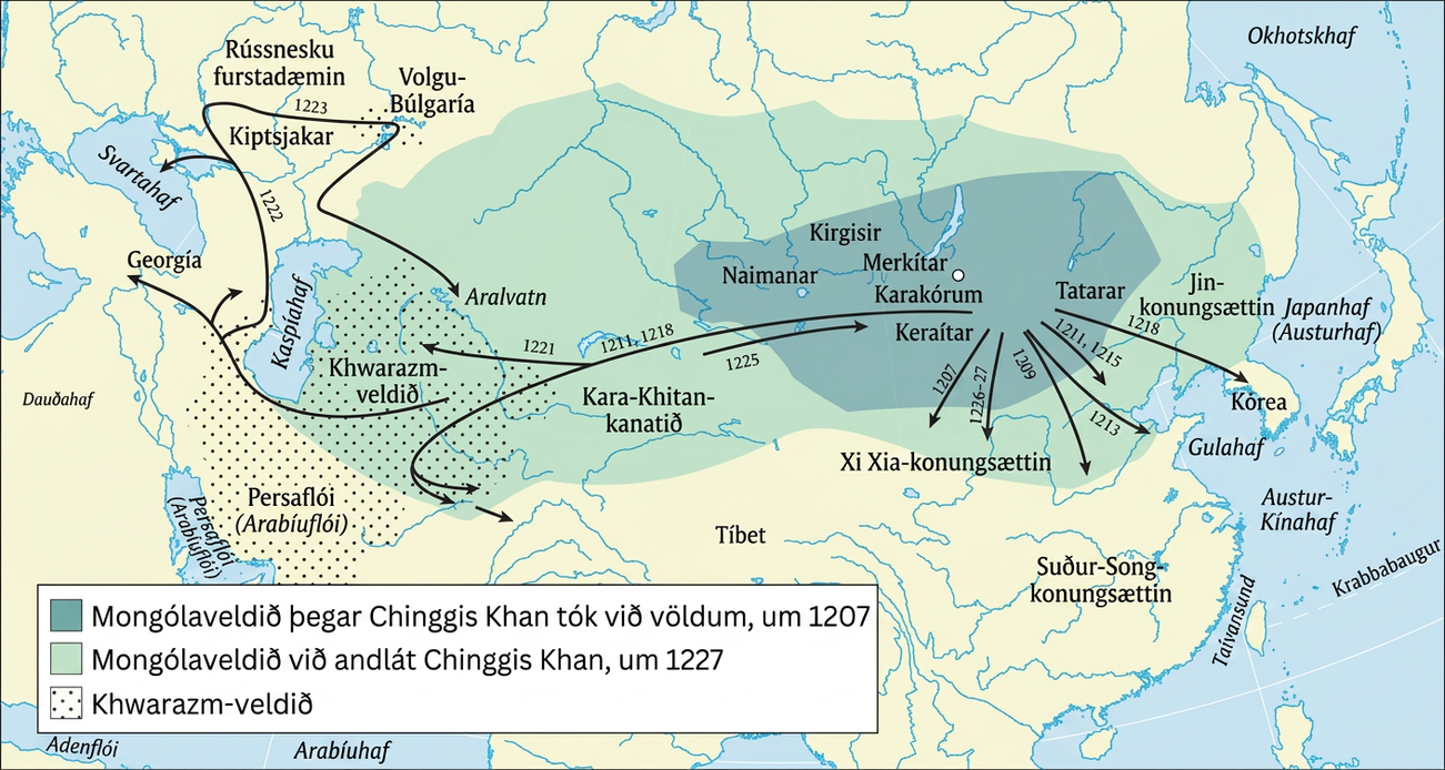 Kort þar sem land er auðkennt með drapplit og vatn með bláum lit. Svartahaf, Marmarahaf, Dauðahaf og Kaspíahaf eru merkt í vestri en Persaflói (Arabíuflói), Hormússund, Adenflói og Arabíuhaf í suðvestri. Okhotskhaf er merkt í norðaustri en Japanshaf (Austurhaf), Gulahaf og Austur-Kínahaf í austri. Taívansund er merkt í suðaustri. Fyrir miðju austanverðu á kortinu er dökkgrænt sporöskjulaga svæði sem táknar „Mongólaveldið við valdatöku Chinggis Khan, um 1207“. Innan þess eru eftirtalin svæði merkt frá vestri til austurs: Naiman, Kirgisar, Merkit, Karakorum, sem er sýnt með hvítum punkti með svörtum jaðri, Kereit og Tatarar. Umhverfis dökkgræna svæðið og lengra til austurs er ljósgrænt svæði sem táknar „Mongólaveldið við dauða Chinggis Khan, um 1227“. Innan þess er Jin-konungsættin merkt í vestri og Kara-Khitan-khan-ríkið í suðri. Austan við ljósgræna svæðið er svæði merkt „Khwarazmia-veldið“. Þetta vestlæga svæði og land í suðvestri eru auðkennd með svörtum punktum sem tákna Khwarazmia-veldið. Svartar örvar liggja um myndina. Ein hefst í Khwarazmia-veldinu, liggur vestur sunnan Kaspíahafs og greinist í þrjár. Sú fyrsta liggur til norðvesturs að Georgíu sunnan Svartahafs. Önnur liggur stuttan spöl til norðausturs og þriðja örin, merkt „1222“, liggur norður. Sú ör greinist í tvennt. Önnur greinin liggur út í Svartahaf rétt sunnan við svæði merkt „Kiptsjakar“, en hin liggur austur sunnan rússnesku furstadæmanna og inn á svæði merkt „Volgu-Búlgaría“, sem er alsett svörtum punktum. Örin á þessum hluta er merkt „1223“. Síðan liggur hún til suðvesturs og því næst suðausturs að svæði við Aralhaf. Ör hefst rétt sunnan Karakorum og liggur vestur í átt að Khwarazmia-veldinu. Hún er merkt „1211, 1218“ og greinist í tvennt. Önnur örin, merkt „1221“, liggur til norðvesturs í átt að Kaspíahafi en hin til suðvesturs og síðan suðausturs. Hún greinist aftur í tvennt og mjög stutt ör hefst á milli greinanna og liggur til suðausturs. Ör hefst austan Kara-Khitan-khan-ríkisins, er merkt „1225“ og endar rétt austan Kereit. Sex örvar hefjast milli Karakorum og Tatara og liggja allar suður. Tvær þeirra eru merktar „1207“ og „1226-27“ og liggja að Xi Xia-konungsættinni í suðvestri. Þrjár, merktar „1209“, „1213“ og „1211, 1215“, liggja til suðausturs í átt að Gulahafi og Suður-Song-konungsættinni. Sú síðasta liggur austur að Kóreu og er merkt „1218“. Tíbet er merkt í suðri.