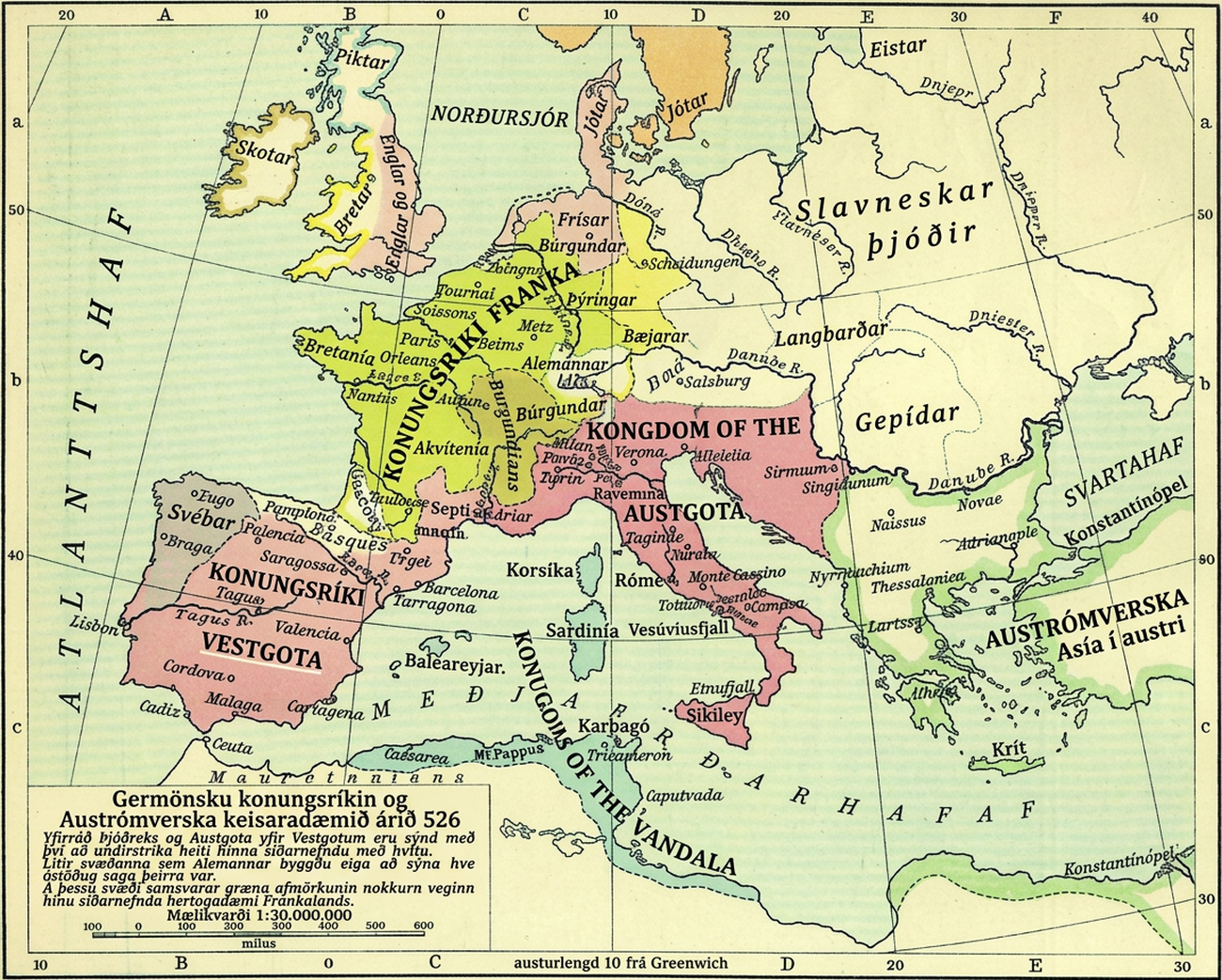 Sögulegt kort af Evrópu með lengdar- og breiddargráðum. Það ber heitið „The Germanic Kingdoms and the East Roman Empire in 526“. Kvarði er undir málsgrein um kortið neðan við heitið. Kortið sýnir Evrópu, norðurhluta Afríku, Norðursjó, Atlantshaf, Miðjarðarhaf og Svartahaf. Írland er afmarkað ljósbrúnt og merkt „Scots“. Norðurhluti Bretlands er afmarkaður ljósblár og merktur „Picts“. Suðvesturhlutinn er skærgulur og merktur „Britons“ en austurhlutinn bleikur og merktur „Angles and Saxons“. Danmörk og norðurhluti Þýskalands eru einnig bleik og merkt „Jutes“ og „Saxons“. Meginhluti Þýskalands, Holland, Belgía og Frakkland eru gul og merkt „Kingdom of the Franks“. Rúnnað T-laga svæði þar fyrir sunnan er dökkgult og merkt „Burgundians“. Portúgal er ljósbrúnt og merkt „Sueves“. Spánn og Suður-Frakkland eru ljósappelsínugul og merkt „Kingdom of the West Goths“. Ræma á Norður-Spáni er kremlituð og merkt „Basques“. Ítalía, Sikiley og stórt svæði austan Ítalíu eru einnig ljósappelsínugul og merkt „Kingdom of the East Goths“. Mjó ræma í Norður-Afríku er ljósblá og merkt „Kingdom of the Vandals“. Grikkland, Tyrkland og mjó ræma í norðausturhluta Afríku eru afmörkuð ljósgræn og merkt „East Roman Empire“. Austurhluti Evrópu sem eftir stendur er merktur „Slavic Peoples“; svæði í Suður-Póllandi er merkt „Lombards“ með gulri áherslu og sunnar, í Úkraínu, er svæði merkt „Gepids“ með ljósbleikri undirstrikun. Fjöldi borga og áa er merktur á kortinu.