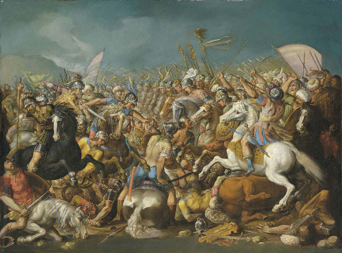 Mynd af málverki. Á þessu litríka og nákvæma málverki sést fjölmennur her berjast undir blágráum, iðandi himni. Aftast á myndinni stefnir hópur hægra megin til vinstri en hópurinn vinstra megin til hægri. Tvær raðir riddara með margskreytta hjálma stefna hvor að annarri. Há og löng spjót standa í reglulegum röðum beggja vegna og einnig sjást langir gylltir lúðrar. Fremst á myndinni berjast menn hver við annan. Til vinstri rekur hermaður í gylltum og silfurlitum herklæðum á svörtum hesti án söðuls eða tauma langt og mjótt spjót í kinn hermanns í rauðum kyrtli sem situr á hvítum hesti fyrir neðan hann. Til hægri rekur maður í gulum klæðum með lítinn silfurlitan hjálm staf í háls manns sem liggur á jörðinni, klæddur hjálmi og rauðum og bláum fötum, og grípur um stafinn. Tveir hermenn í bláum og ljósbrúnum skyrtum með silfurlita hjálma sitja á brúnum hestum með sverð hægra megin. Neðst fyrir miðju liggur maður í gulum klæðum á jörðinni og fleiri liggja þar fyrir aftan. Til hægri miðar hermaður í bláum og rauðum klæðum á hvítum hesti oddhvössum staf að manni í grænni skyrtu og hvítum vefjarhetti sem heldur á brúnum skildi.