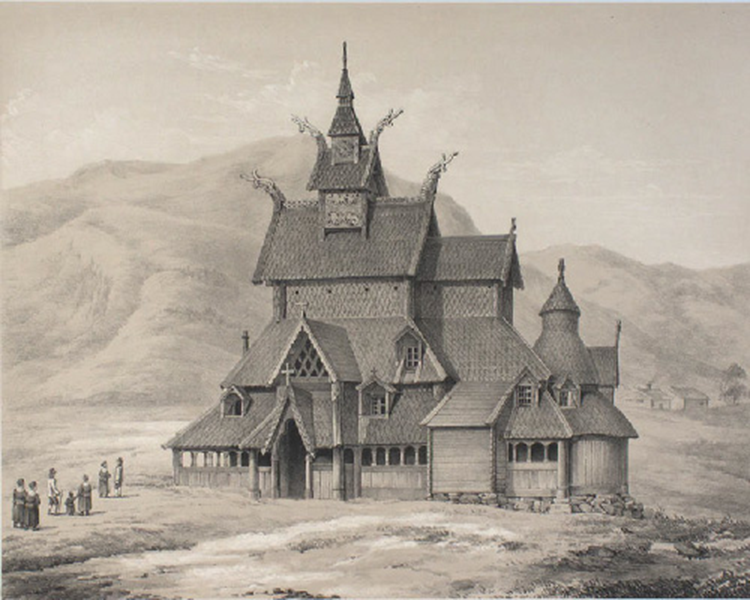 Grá blýantsteikning sýnir stóra byggingu með fjöll í bakgrunni. Landið fyrir framan bygginguna og til hliðanna er gróðursnautt og grýtt og aðeins sjást tvö lítil hús lengst til hægri. Sjö manneskjur standa fremst til vinstri í síðum kjólum eða hvítum skyrtum og dökkum buxum og eru allar með hatta. Byggingin rís í mörgum þrepum og þök með broddum skilja þau að. Krossar standa á sumum broddanna og nærri efsta hluta byggingarinnar eru drekalaga útskot á fjórum þeirra. Gluggar sjást á neðri hæðunum, ásamt dyrum og hringlaga turni hægra megin við bygginguna, en ofan á honum eru tvö hringlaga þrep til viðbótar.