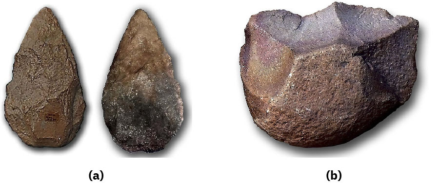 Tvær myndir eru sýndar. (a) Fyrri myndin sýnir tvo perulaga steina í brúnum/gráum/svörtum litum. Þeir eru oddhvassir að ofan og ávalir að neðan. (b) Seinni myndin sýnir sporöskjulaga stein í gráum/fjólubláum/brúnum litum. Hann hefur tvo flata fleti að ofan, einn flatan flöt á hvorri hlið og ávalan botn og framenda. Sumar brúnirnar eru ósléttar en aðrar hvassari.