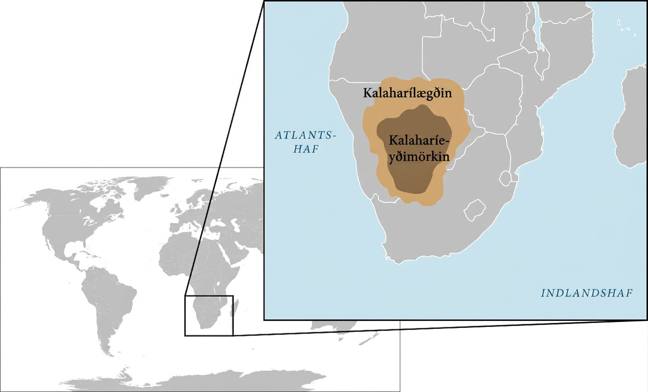 Tvö kort sjást. Kortið í bakgrunni sýnir heiminn með gráum heimsálfum og hvítum höfum. Svartur ferningur afmarkar sunnanverða Afríku og vesturhluta Madagaskar. Hitt kortið stækkar svæðið innan svarta ferningsins. Kalaharíeyðimörkin er sýnd sem brúnn sporöskjulaga flötur í suðvesturhluta innlands Afríku og Kalaharílægðin sem ljósbrúnt svæði umhverfis eyðimörkina. Atlantshaf og Indlandshaf eru merkt vestan og suðaustan við hana.