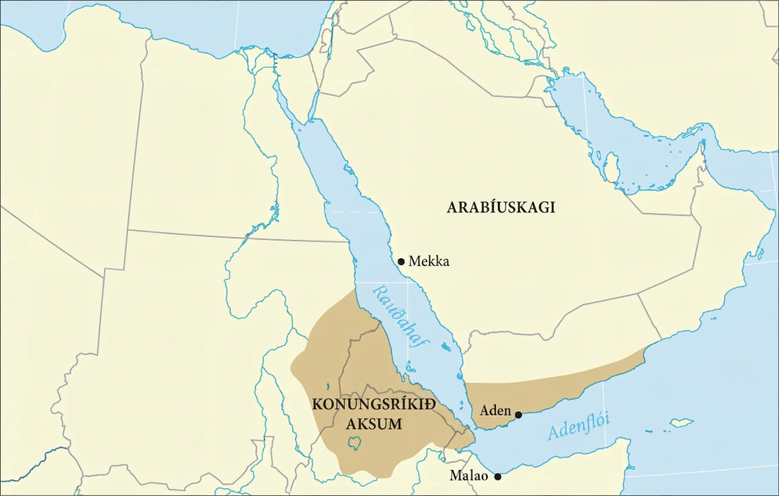 Kort. Land er drapplitað og sjór blár. Rauðahaf er merkt á miðju kortinu milli tveggja landmassa; sá eystri er merktur „Arabíuskagi“. Adenflói er merktur í suðaustri. Mekka er merkt með svörtum punkti á austurströnd Rauðahafs og Malao í suðvesturhluta Adenflóa. Hringlaga svæði, gullitað við suðvesturenda Rauðahafs, er merkt „Konungsríkið Aksum“. Annað mjótt, rétthyrnt svæði við suðausturenda Arabíuskagans er einnig gullitað og innan þess er Aden merkt með svörtum punkti.