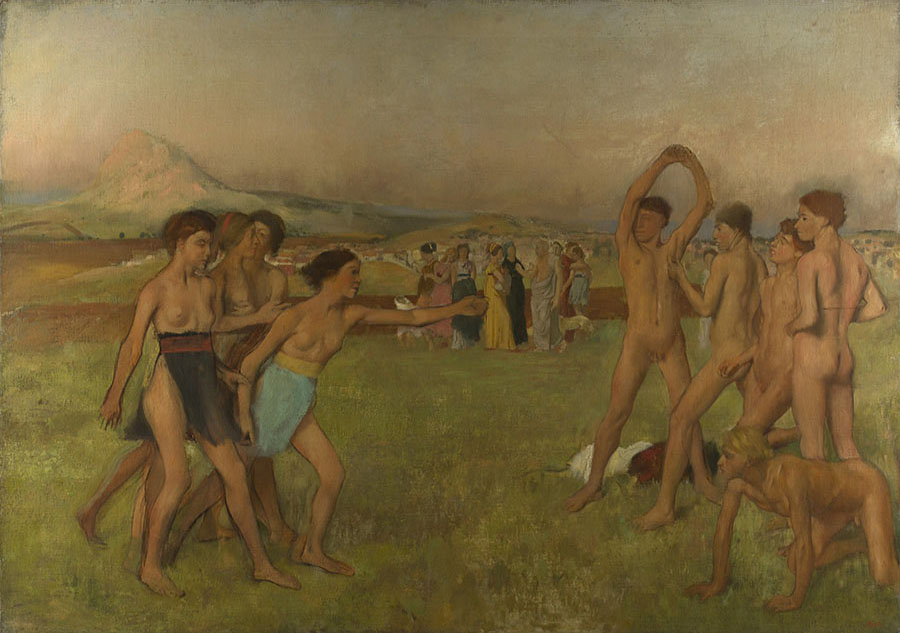 Mynd af málverki sést. Fremst á myndinni stendur hópur fjögurra stúlkna á grænum grasvelli. Þær eru naktar að undanskildum svörtum og bláum mittisskýlum með rauðum og gulum beltum. Þær eru með brúnleitt hár í tagli og hnútum. Þær snúa til hægri og ein þeirra réttir út handlegginn. Hægra megin stendur hópur fjögurra alnaktra drengja en einn er á fjórum fótum á jörðinni. Þeir horfa allir á stúlkurnar. Þeir eru með stutt svart, brúnt og ljóst hár og einn heldur handleggjunum yfir höfðinu. Hrúga af klæðum liggur við fætur hans. Á miðju bakgrunnssviðinu standa níu manneskjur í litríkum kjólum og klæðum og hjá þeim eru tvö lítil hvít ferfætt dýr. Engin andlitsdrög sjást. Fyrir aftan þau liggur brúnn vegur endilangt eftir málverkinu og lengst til hægri má sjá óskýra borg í ljósbrúnum og hvítum litum. Lengst til vinstri sést stórt, hátt, rjómalitað fjall og himinninn er móðukenndur, drapplitur með bláleitum undirtónum.
