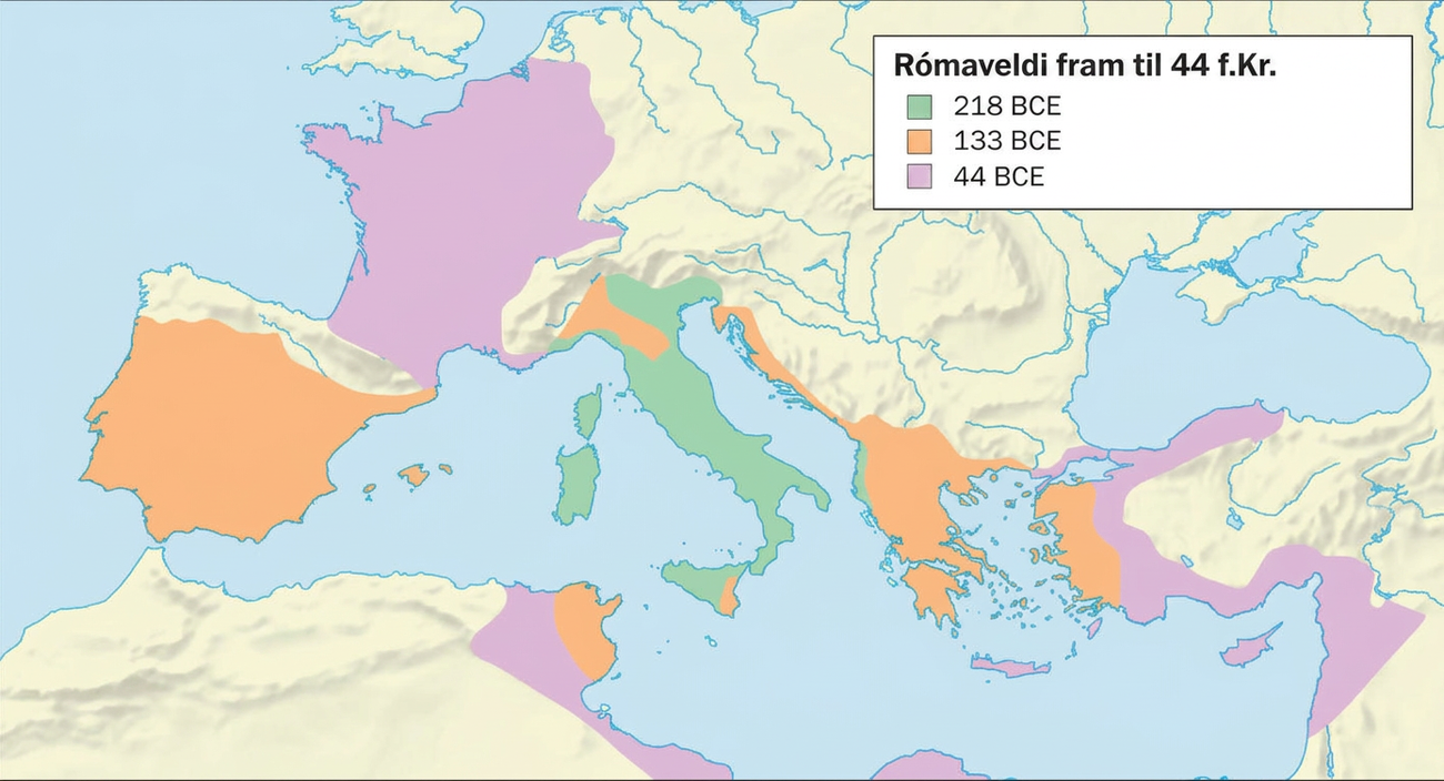 Kort er sýnt með yfirskriftinni „Rómaveldi fram til 44 BCE“. Vatn er auðkennt með bláum lit og land með drapplit. Vatn er sýnt í norðvestri og liggur eftir miðju neðst á kortinu. Sporöskjulaga vatnasvæði er sýnt í austri. Stígvélslaga skagi á miðju kortinu er auðkenndur með grænum lit ásamt eyjunum þremur vestan við hann og gefur það til kynna „218 BCE“. Nær ferhyrnt landsvæði vestan til á kortinu, þrjú lítil svæði á miðju kortinu og tvö stærri svæði við norðurenda vatnasvæðisins á miðju kortinu eru auðkennd með appelsínugulum lit og gefur það til kynna „133 BCE“. Stórt landsvæði í vestri er auðkennt með fjólubláum lit og gefur það til kynna „44 BCE“. Lítil svæði meðfram suðurhluta kortsins og S-laga svæði í suðaustri eru einnig auðkennd með fjólubláum lit.