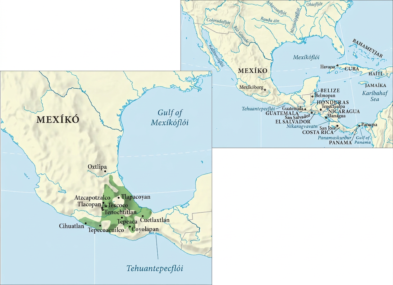 Tvö kort sjást. Kortið efst til hægri sýnir Mexico með hafi í austri og vestri. Áletrunin Gulf of California er í vestri, Gulf of Tehuantepec sunnan við Mexico og Gulf Panama á syðsta hluta kortsins. Austan við Mexico er áletrunin Gulf of Mexico og suðaustan við hana Caribbean Sea. Á landi norðan við Mexico eru eftirfarandi ár merktar frá vestri til austurs: Colorado R., Rio Grande, Red R., Arkansas R., Mississippi R. og Ohio R. Í Nicaragua er vatn merkt Lake Nicaragua og sunnan við það er áletrunin Panama Canal einnig merkt. Eftirfarandi lönd eru merkt frá norðri til suðurs og höfuðborgir auðkenndar með svörtum stjörnum: Mexico (höfuðborg: Mexico City), Belize (höfuðborg: Belmopan), Honduras (höfuðborg: Tegucigalpa), Guatemala (höfuðborg: Guatemala), Nicaragua (Managua), El Salvador (höfuðborg: San Salvador), Costa Rica (höfuðborg: San Jose) og Panama (höfuðborg: Panama). Til hægri, úti á hafinu, eru nokkrar eyjar merktar frá norðri til suðurs: Bahamas, Cuba (höfuðborg: Havana), Haiti og Jamaica. Kortið neðst til vinstri sýnir stækkaðan hluta af suðurhluta Mexico. Gulf of Mexico er merkt í austri og Gulf of Tehuantepec sést í suðri. Svæði neðarlega á kortinu, meðfram syðri krók Gulf of Mexico, er auðkennt með grænum lit og þar eru eftirfarandi borgir merktar: Tlapacoyan, Atzcapotzalco, Tlacopan, Texcoco, Tenochtitlan, Cuetlaxtlan, Tepeaca, Tepecoacuilco, Coyolapan og Cihuatlan. Borgir sem eru merktar utan græna svæðisins eru: Oxtlipa, Tlapacoyan