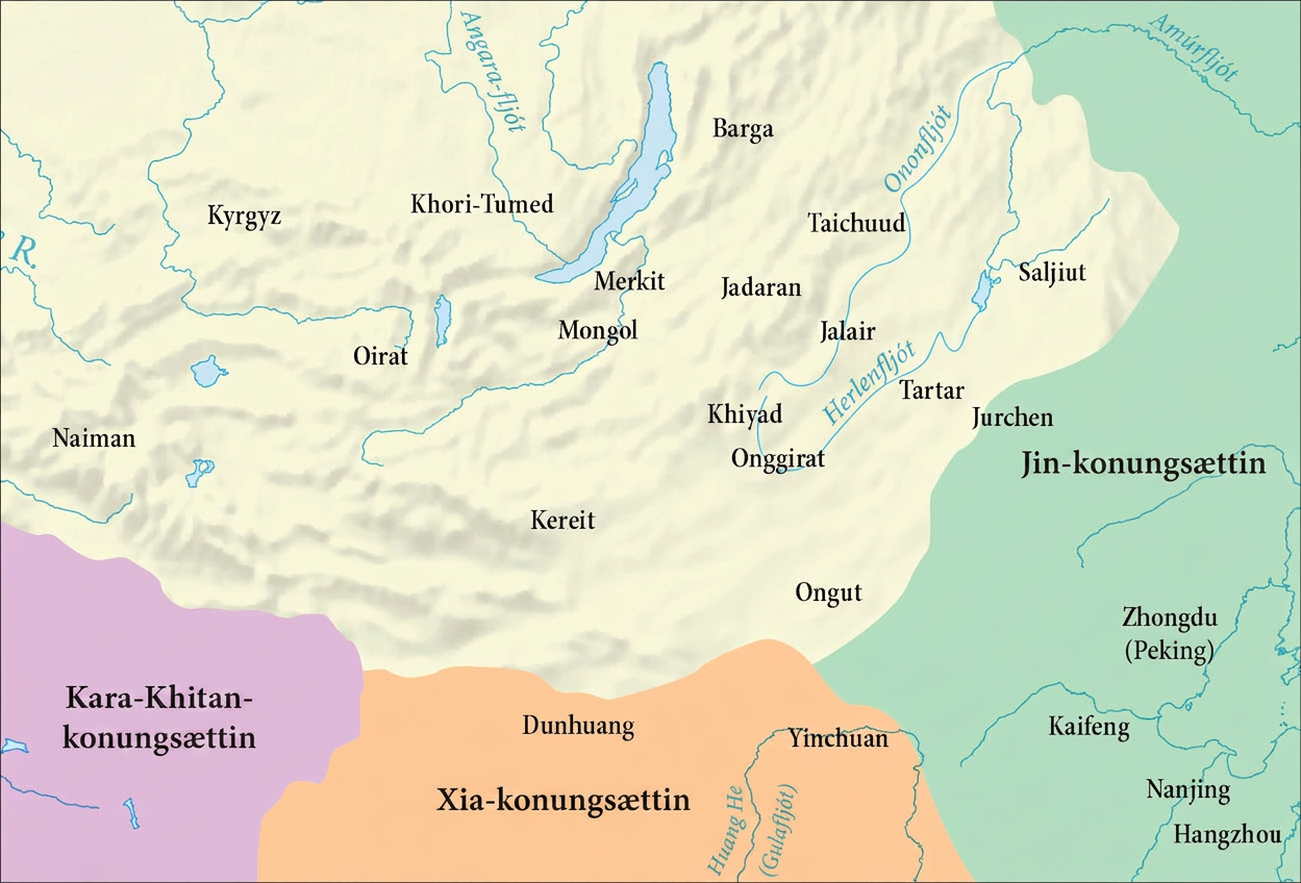 Kort þar sem land er auðkennt með drapplit og vatn með bláum lit. Angara, Onon og Amúr eru merkt í norðri og Herlen fyrir miðju korti. Gulafljót er merkt í suðri. Í suðvesturhluta kortsins er svæði auðkennt með dökkbleikum lit og merkt „Kara-Khitan-konungsættin“. Fyrir miðju sunnanverðu er svæði auðkennt með appelsínugulum lit og merkt „Xia-konungsættin“. Í norðurhluta þess er Dunhuang merkt og í norðaustri Yinchuan. Stórt svæði í austri er auðkennt með grænum lit og merkt „Jun-konungsættin“, með merkingunni „Jurchen“ í vestri og eftirfarandi borgum í suðri: Zhongdu (Beijing), Kaifeng, Nanjing og Hangzhou. Á drapplitaða landsvæðinu eru eftirtalin svæði merkt frá vestri til austurs: Naiman, Kirgisar, Oiratar, Khori-Tumed, Kereit, Mongólar, Merkit, Barga, Jadaran, Khiyad, Onggirat, Taichuud, Jalair, Ongut, Tatarar og Saljiut.