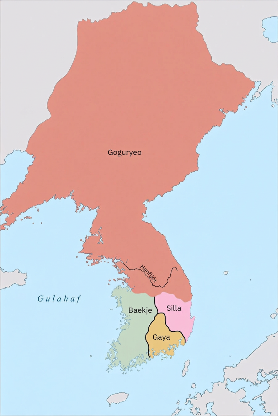 Kort af Kóreuskaga. Gulahafið er merkt. Stórt landsvæði í norðri er appelsínugult og merkt „Goguryeo“. Í suðri eru þrjú minni svæði merkt Baekje (grænt), Silla (bleikt) og Gaya (gult). Han-fljótið er merkt og rennur um Goguryeo.