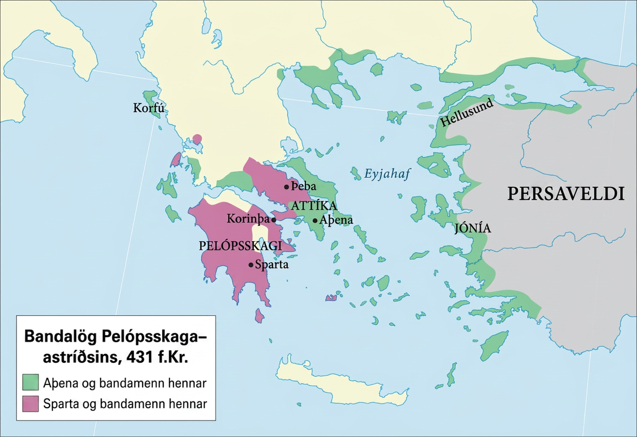 Kort sem ber titilinn “Peloponnesian War Alliances, 431 BCE”. Eyjahaf er merkt á miðju kortinu og Persaveldi austan þess. Mestöll strönd Eyjahafs, þar á meðal Jónía, Hellusund, Attíka og Aþena, er auðkennd með grænum lit sem táknar Aþenu og bandamenn hennar. Korfú í norðvestri er einnig auðkennd með grænum lit. Mestur hluti skaga, þar á meðal Pelópsskagi, Korinþa og Sparta, auk Þebu, er auðkenndur með fjólubláum lit sem táknar Spörtu og bandamenn hennar. Tvö lítil svæði sunnan Korfú eru einnig auðkennd með fjólubláum lit.