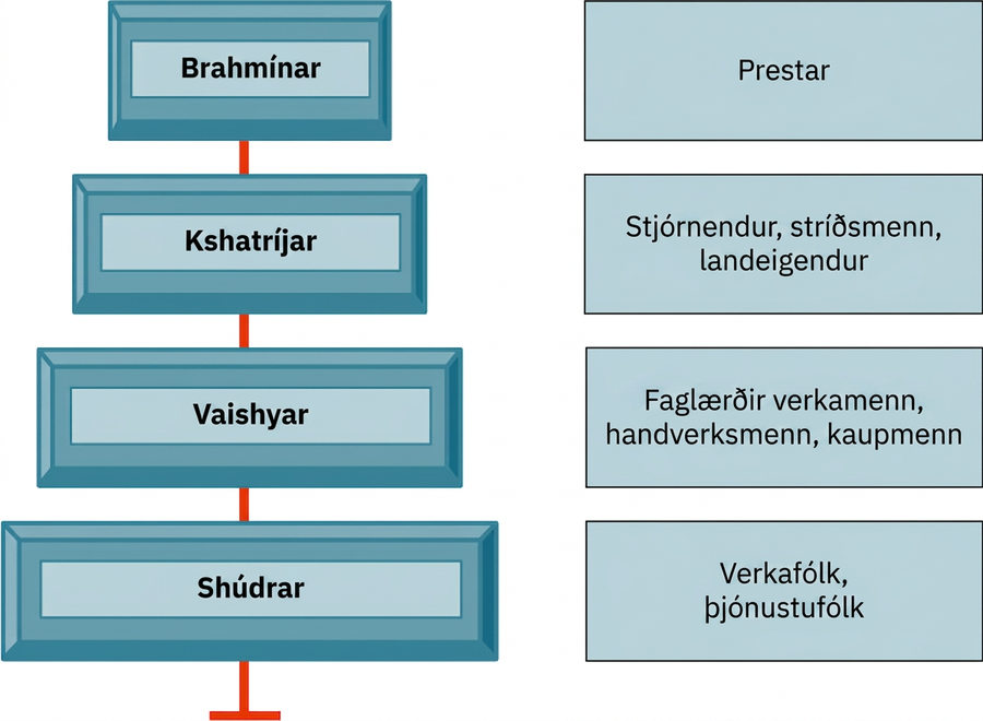 Tvær raðir ferhyrninga. Vinstri röðin er ljósblá að innan með dökkblárri brún og svörtu letri. Ferhyrningarnir eru minni efst og stærri neðst. Þeir bera þessi heiti ofan frá og niður: Brahman, Kshatriya, Vaishya og Shudra. Rauð lóðrétt lína tengir þá. Ferhyrningarnir í hægri röðinni eru allir jafnstórir og bera þessi heiti ofan frá og niður: „Prestar“, „Valdhafar, hermenn og landeigendur“, „Iðnlært verkafólk, handverksfólk og kaupmenn“ og „Verkafólk og þjónar“.