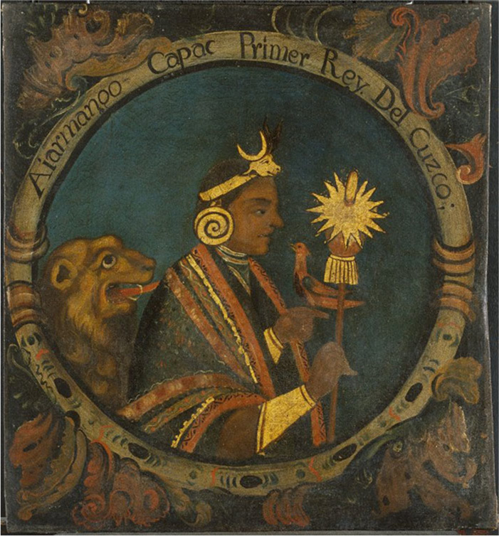 Teikning sýnir mann inni í hring sem er skreyttur dökkum mynstrum meðfram jaðrinum. Efst í hringnum standa orðin: Aiarmanoo Capac Primer Rey Del Cuzco. Inni í hringnum, á dökkbláum grunni, snýr maðurinn til hægri og horfir á appelsínugulan og grænan fugl í vinstri hendi sinni. Hann er dökkur á hörund og ber gullkórónu með nautshöfði og stórum hornum að framan. Hringlaga gulleyrnalokkur hangir úr eyra hans. Skikkjan er ríkulega skreytt appelsínugulum, bláum, svörtum og gulum litum og gullsaumi á jöðrunum. Gylltar ermar sjást undan skikkjunni. Í hægri hendi heldur hann veldissprota með oddhvössum gulltoppi. Fyrir aftan hann rekur brúnt loðið dýr út tunguna og sleikir skikkjuna. Eyra dýrsins er nálægt líkama mannsins og dýrið er með stórt trýni. Neðsti hluti hringsins sem umlykur manninn er skreyttur svörtum, bláum og rauðum mynstrum.