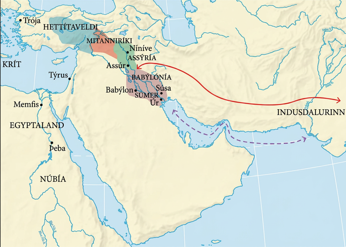 Kort sem sýnir þrjú landsvæði. Í suðvestri eru Egyptaland og Núbía merkt og borgirnar Memfis og Þeba standa við bláa farvegi. Í norðvestri er Krít merkt, Trója norðan við hana og Týrus austan við hana. Á miðju kortinu er Hittítaveldið merkt og afmarkað með grænum sporöskjulaga fleti. Suðaustar er Mitanniríkið afmarkað með gróflega ferhyrndum appelsínugulum fleti. Enn suðaustar er Assyría merkt og afmörkuð með grænum sporöskjulaga fleti. Innan hans eru borgirnar Níníve og Assúr merktar. Sunnar er Babýlonía merkt og afmörkuð með fjólubláum sporöskjulaga fleti. Þar innan eru borgirnar Babýlon, Súsa og Úr. Sumer er merkt í suðurhluta þessa fjólubláa svæðis. Lengst í austri er Indus merkt. Rauð lína með örvum á báðum endum liggur milli Babýloníu og Induss. Fjólublá, slitin lína með örvum á báðum endum liggur um hafið milli Induss og borgarinnar Úr.