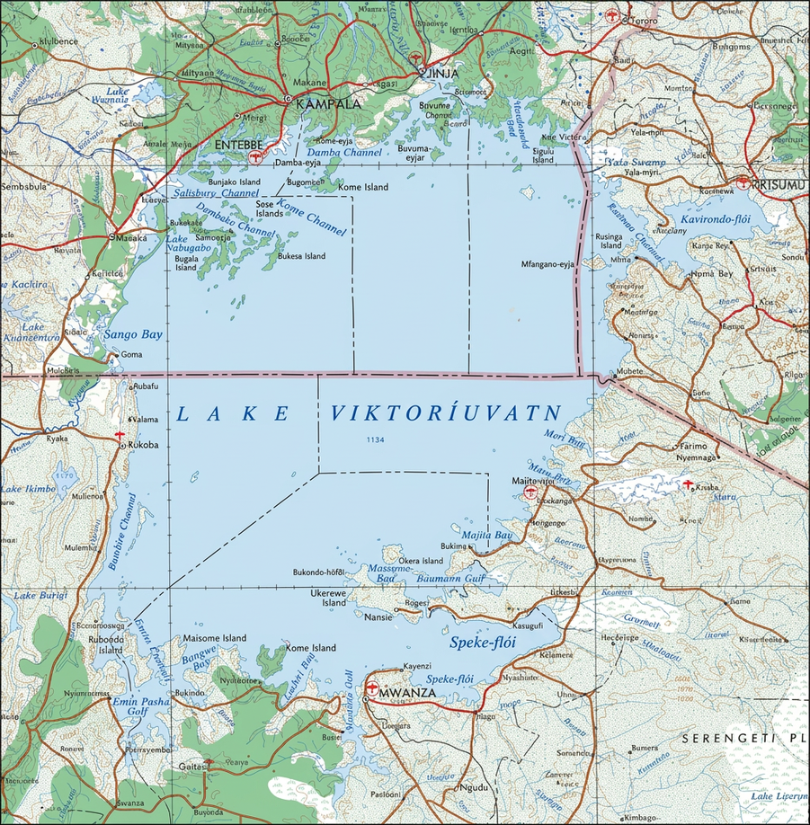 Kort sýnir blátt svæði merkt „Lake Victoria“ umlukið landi. Lengdar- og breiddarbaugar sjást. Rauðar línur tengja borgir og sum svæði í norðri og suðvestri eru auðkennd með grænum lit. Nokkrar helstu borgir eru merktar, þar á meðal Kampala, Entebbe og Jinja í norðri, Kisumu í norðaustri og Mwanza í suðri. Landamæri eru sýnd með löngum og stuttum strikalínum og auðkennd með rauðu.