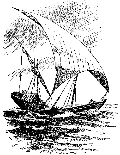 Svarthvít teikning sýnir bát á úfnum, dökkum sjó. Báturinn er bogadreginn og flatur, með lítið þríhyrnt tjald vinstra megin og manneskju fremst. Stórt, hvítt, þríhyrnt segl er hægra megin og upprúllað segl sést aftast.