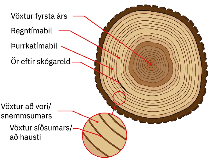 Teikning sýnir trjábol sem hefur verið skorinn þversum svo að árhringirnir sjást; mjög dökkbrún lína er milli hvers hrings. Tveir dökkbrúnir hringir eru í miðjunni og sá innsti er merktur „vöxtur fyrsta árs“. Næstu fimm hringir eru örlítið ljósari brúnir. Þar á eftir kemur þykkur, dekkri brúnn hringur og síðan tveir ljósbrúnir hringir. Því næst koma sjö ljósdrappaðir hringir; sá annar er merktur „regntími“ og sá fjórði „þurrkatími“. Svart svæði milli annars og þriðja hrings í þessum hluta er merkt „ör eftir skógareld“. Ljósbrúnn hringur kemur þar á eftir yst. Um jaðar þversniðsins liggur þykkur dökkbrúnn hringur með svörtum sagtenntum ójöfnum að utan. Lítill hluti nærri jaðri árhringjanna er afmarkaður og stækkaður vinstra megin. Ein merking vísar á ljósbrúna hringinn og nefnist „vöxtur að vori og snemmsumars“ en önnur vísar á dökku línuna milli hringjanna og nefnist „vöxtur síðsumars og að hausti“.