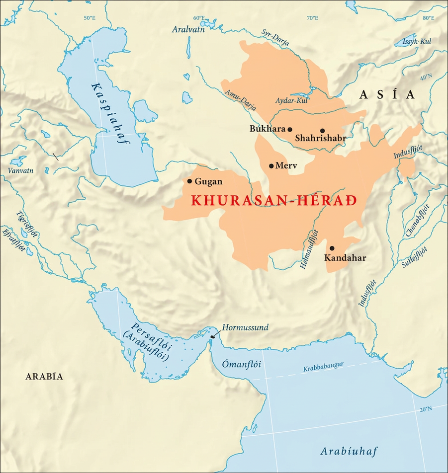Teikning af korti. Kaspíahaf er í norðvestri en Persaflói (Arabaflói) sunnar, auk Ómanflóa og Arabíuhafs. Hvarfbaugur krabbans er merktur við breiddargráðulínu í norðanverðu Arabíuhafi. Landsvæði merkt „Arabía“ sést í suðvesturhorni kortsins og landflæmi merkt „Asía“ í norðausturhlutanum. Svæði í Asíu er auðkennt með appelsínugulum lit og merkt „Khurasan-hérað“. Það nær frá Syr Darya-fljóti efst á kortinu suður um Aydar Kul og borgirnar Bukhara, Shahrishabr og Merv og endar sunnar við Kandahar. Svæðið nær vestur að Gugan og austur að Indusfljóti.