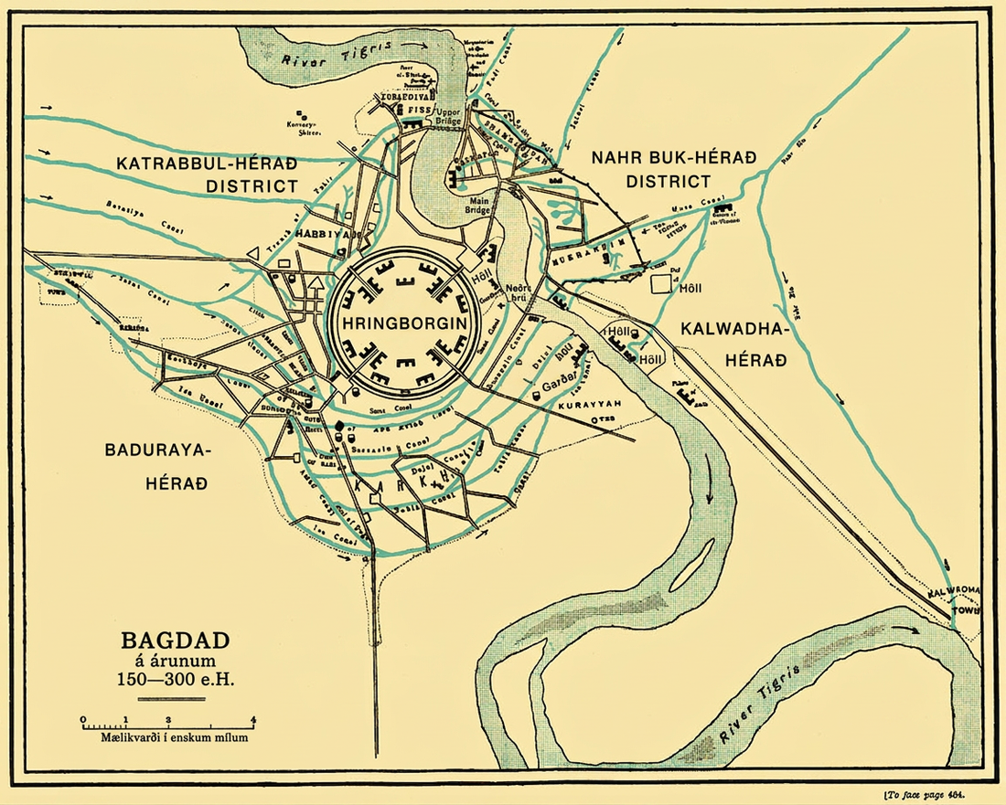 Teikning af korti sem ber heitið „Bagdad á árunum 150 til 300 A.H.“. Mælikvarði er undir heitinu. Kortið er gult með tvöföldum svörtum jaðri. Fljót eru auðkennd með örsmáum bláum punktum, skurðir með bláum línum og vegir með svörtum línum. Á miðju kortinu er hringur merktur „Hringborgin“. Innan hringsins eru E-laga form sem snúa í ýmsar áttir. Fjórar línur liggja út frá Hringborginni og tengjast öðrum línum sem sýna vegi í ýmsar áttir umhverfis hringinn. Sumir veganna eru merktir. Merktir skurðir tengjast og skarast allt umhverfis hringinn og nokkrir ná langt til hægri á kortinu. Tígrisfljót hlykkjast frá efra vinstra horni kortsins niður í neðra hægra hornið. Nokkur hverfi eru merkt og ýmis smá form eru teiknuð víðs vegar um kortið.