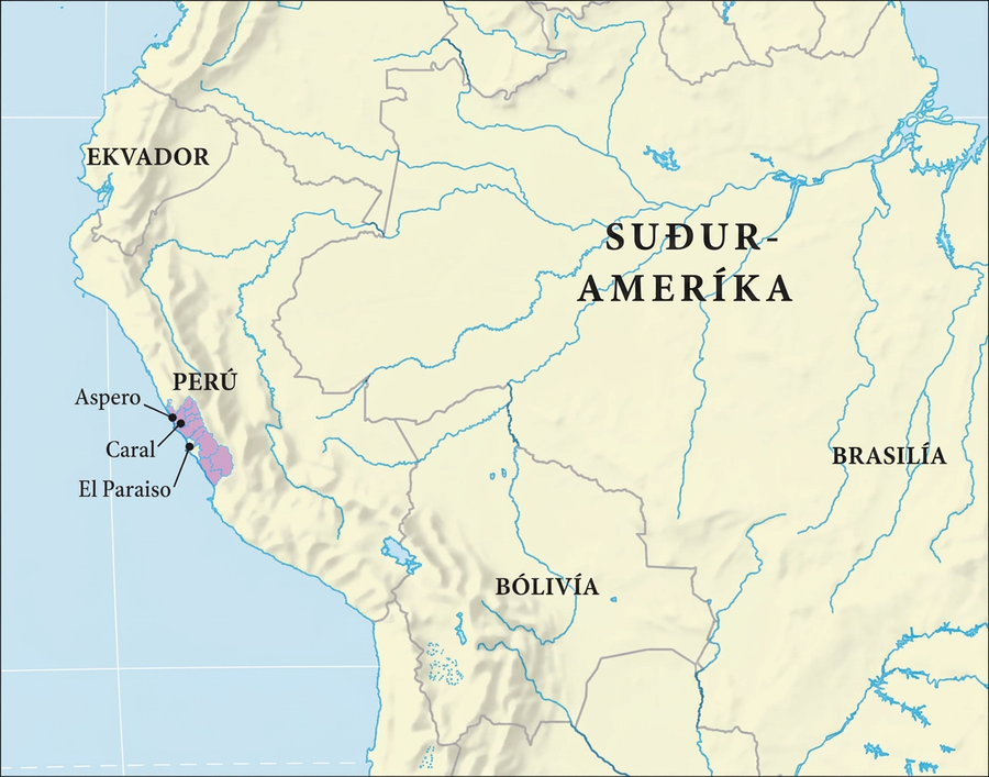 Kort sýnir norðvesturhluta Suður-Ameríku. Í vestri er landið Perú merkt. Í Perú er rétthyrnt landsvæði á vesturströndinni auðkennt með fjólubláum lit og borgirnar Aspero, Carol og El Paraiso eru merktar við ströndina.