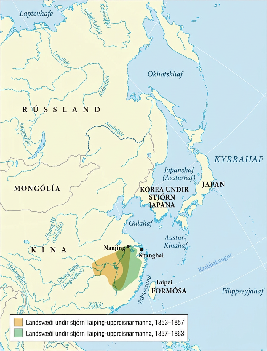 Kort sýnir austurhluta Kína, Mongólíu og Rússland. Japan, Kórea undir stjórn Japans, Taipei á Formósu, Okhotskhaf, Japanhaf (Austurhaf), Gulahaf, Austur-Kínahaf, Taívansund og Filippseyjahaf eru einnig sýnd. Innarlega í austurhluta Kína er þríhyrnt svæði appelsínugult og táknar „landsvæði undir stjórn Taiping-uppreisnarmanna, 1853–1857“. Langt og mjótt svæði meðfram Taívansundi er ljósgrænt og táknar „landsvæði undir stjórn Taiping-uppreisnarmanna, 1857–1863“. Nýrnalagað svæði myndast þar sem litirnir skarast. Borgin Nanjing er efst á skörunarsvæðinu. Skammt austar, við sjávarströndina, er Shanghai.