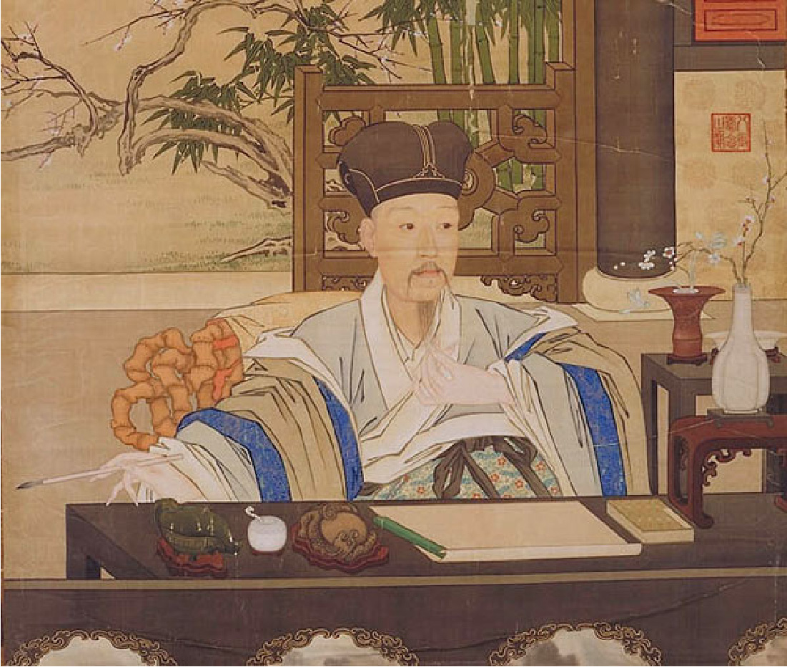Málverkið sýnir Qianlong-keisara. Keisarinn klæðist síðum kufli og ber hatt. Hann situr við borð með pappír og blek sér við hlið. Hann heldur á ritpensli í hægri hendi og strýkur sítt skegg sitt með þeirri vinstri.
