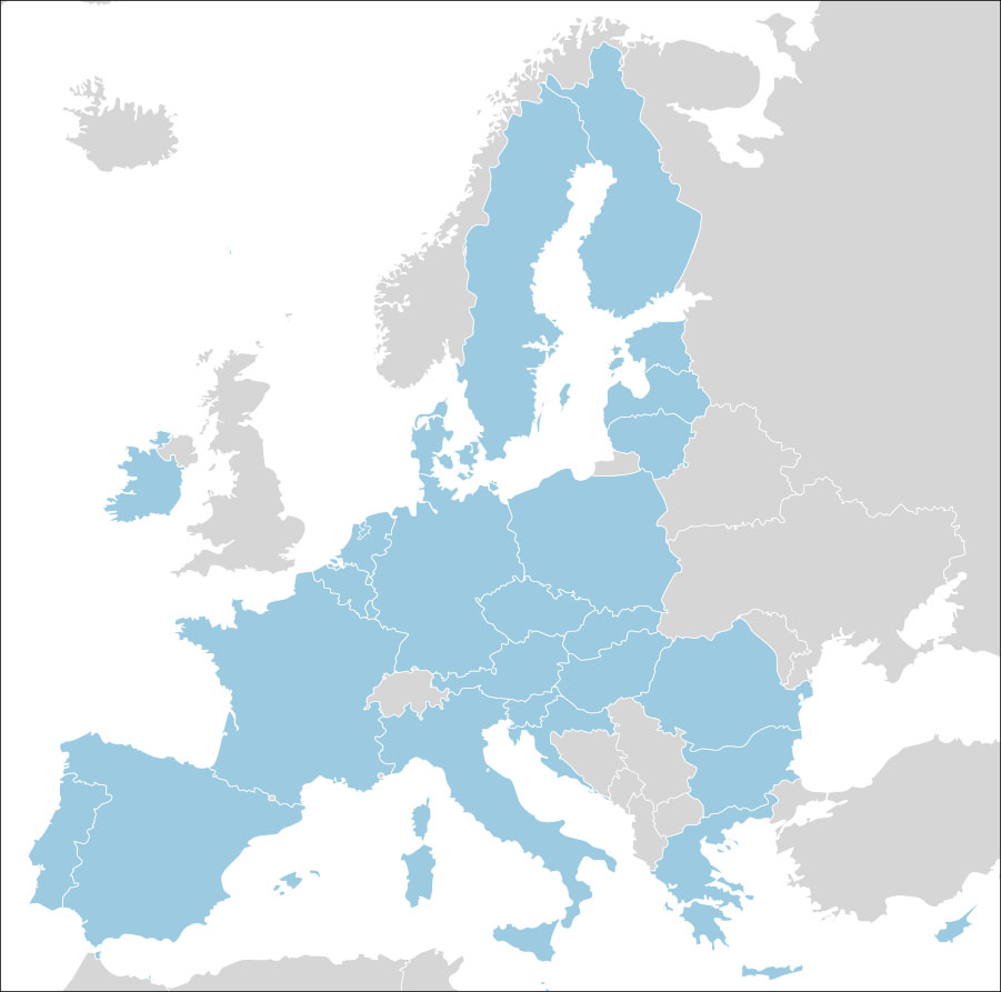 Kort af Evrópu er sýnt. Portúgal, Spánn, Frakkland, Ítalía, Írland, Belgía, Lúxemborg, Holland, Þýskaland, Svíþjóð, Finnland, Eistland, Lettland, Litháen, Pólland, Tékkland, Slóvakía, Ungverjaland, Rúmenía, Búlgaría, Grikkland, Króatía, Kýpur, Slóvenía og Austurríki eru auðkennd með bláum lit. Aðrir hlutar Evrópu eru gráir.