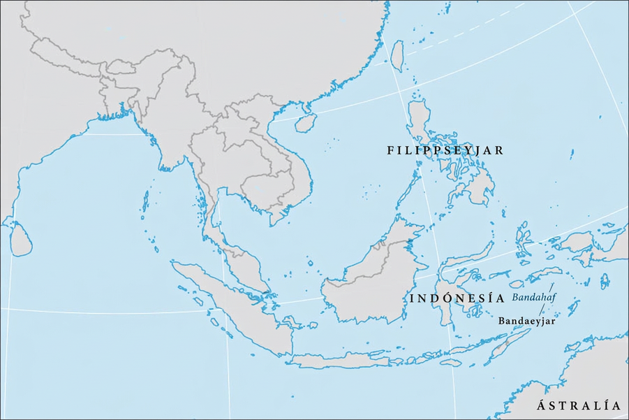 Kortið sýnir Filippseyjar, Singapúr, Indónesíu og hluta Ástralíu. Bandaeyjar eru merktar neðst til hægri á kortinu, milli Indónesíu og Ástralíu.