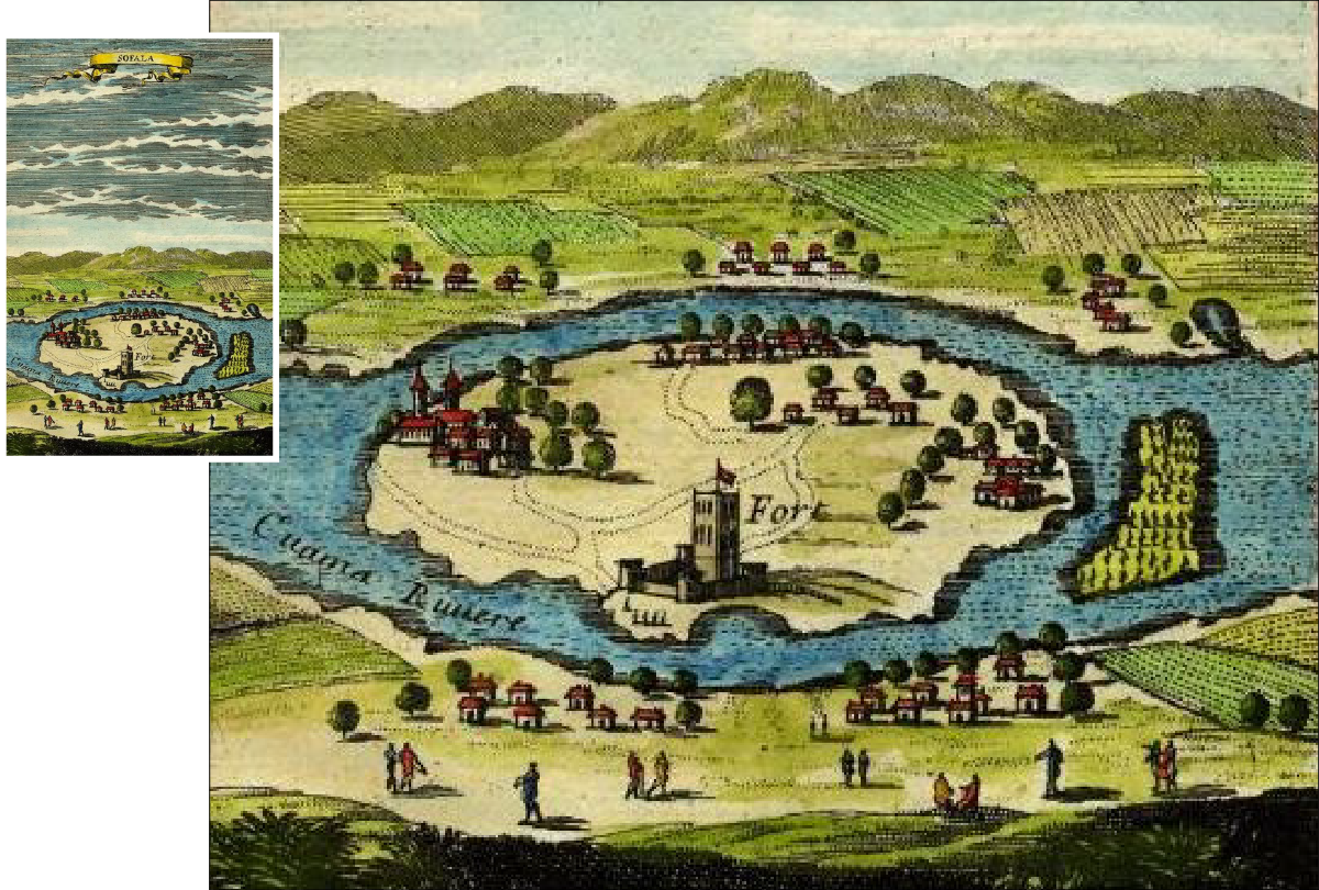 Tvær litríkar teikningar. Myndin vinstra megin sýnir landsvæði umkringt vatni og meira land umhverfis. Fyrir ofan er skýjaður himinn. Hús, tré og fólk sjást á landinu. Efst er gult skilti með áletruninni „Sofala“. Myndin hægra megin sýnir stækkaða mynd af neðri hluta fyrri myndarinnar. Þar sést hringlaga landsvæði umkringt vatni með trjám, virki og húsum. Á landinu utan vatnsins sjást akrar, tré og fólk en fjöll og himinn í fjarska.