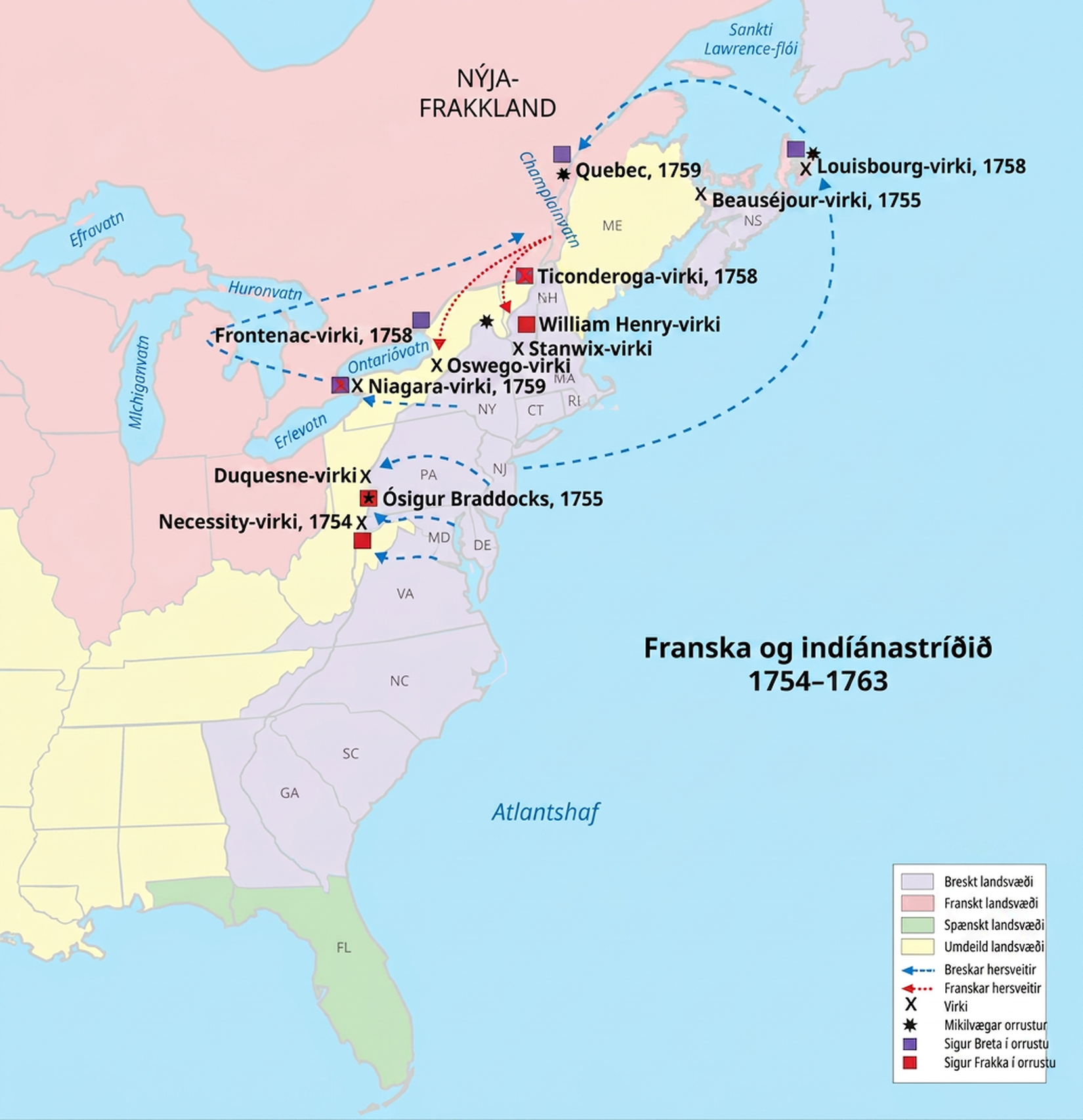 Sýnt er kort af austurhluta Bandaríkjanna og Atlantshafi með yfirskriftinni „Franska og indíánastríðið 1754–1763“. Fjólublá svæði, merkt „Bretar“, eru Nova Scotia í Kanada, ómerkt eyja norðan Nova Scotia og ríkin New Hampshire, Massachusetts, New York, Connecticut, Rhode Island, Pennsylvania, New Jersey, Maryland, Delaware, Virginía, Norður-Karólína, Suður-Karólína og Georgía. Bleik svæði, merkt „Frakkar“, eru allt sýnda svæðið í Kanada, merkt „Nýja-Frakkland“, ásamt Ohio, Indiana, Illinois, Michigan, Wisconsin og löndum vestar á kortinu. Flórída er græn og merkt „Spánverjar“. Gul svæði, merkt „umdeild landsvæði“, eru Maine; mjó landræma í suðurhluta Kanada meðfram Ontariovatni og Erievatni; vesturhluti Pennsylvania; Vestur-Virginía; Kentucky; Tennessee; Alabama; Mississippi; og ómerkt lönd vestar. Bláar strikaðar örvar, merktar „hersveitir Breta“, liggja frá New Jersey norður um Atlantshaf að Ft. Louisbourg og þaðan áfram til Quebec. Aðrar bláar strikaðar örvar liggja frá New Jersey til Ft. Duquesne, frá Maryland til Ft. Duquesne, frá Delaware til Ft. Necessity og frá sunnanverðu New York vestur til Ft. Frontenac og þaðan austur að Champlainvatni. Rauðar punktalínur, merktar „hersveitir Frakka“, liggja frá Champlainvatni til Ft. William Henry og Ft. Oswego. Svart X, merkt „virki“, sýnir eftirfarandi virki frá norðri til suðurs: Ft. Louisbourg, 1758; Ft. Beausejour, 1755; Ft. Ticonderoga, 1758; Ft. William Henry; Ft. Stanwix; Ft. Frontenac, 1758; Ft. Oswego; Ft. Niagara, 1759; Ft. Duquesne; og Ft. Necessity, 1754. Svartar stjörnur, merktar „mikilvægar orrustur“, eru við Quebec, 1759; Ft. Louisbourg, 1758; og svæði í norðanverðu New York. Fjólubláir reitir merkja „sigur Breta“ við Quebec, 1759; Ft. Louisbourg, 1758; Ft. Frontenac, 1758; og Ft. Niagara, 1759. Rauðir reitir merkja „sigur Frakka“ við Ft. Ticonderoga, 1758; Ft. William Henry; ósigur Braddocks, 1756, við Ft. Duquesne; og Ft. Necessity, 1754.