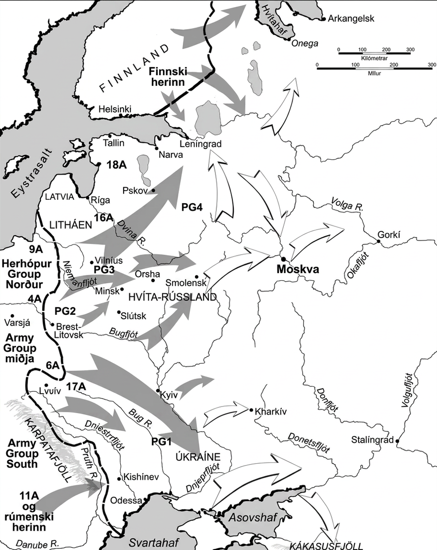 Kortið sýnir vesturhluta Rússlands. Efst til vinstri er Eystrasalt, umkringt Finnlandi, Rússlandi, Litháen og Póllandi. Neðst á kortinu eru Svartahaf og Asovshaf. Allur hægri helmingur kortsins er Rússland; þar eru nokkur fljót merkt ásamt borgunum Kharkov og Stalíngrad í suðri. Moskva er fyrir miðju ásamt Gorky en Onega og Arkhangelsk eru efst á kortinu við Hvítahaf. Þrjár gráar örvar liggja úr suðurhluta Finnlands í þrjár áttir inn í Rússland. Þrjár gráar örvar liggja frá austurhluta Litháens inn í Rússland og Hvíta-Rússland. Tvær gráar örvar liggja frá austurhluta Hvíta-Rússlands inn í Rússland. Tvær gráar örvar vísa suður úr suðurhluta Póllands í átt að Úkraínu eftir neðri vinstri hluta kortsins. Grá ör frá neðra hægra horni kortsins sýnir 11A-herinn og rúmenska herinn sækja fram í átt að borgunum Odessa og Kishinev. Lítil grá ör liggur frá Kyiv (sem er neðarlega fyrir miðju á kortinu) í átt að Rússlandi. Tvær hvítar örvar liggja að Moskvu (önnur úr vestri og hin úr norðri) og ein hvít ör vísar frá Moskvu (í austur). Ein hvít ör vísar norður að Leníngrad og önnur norður að Onega.
