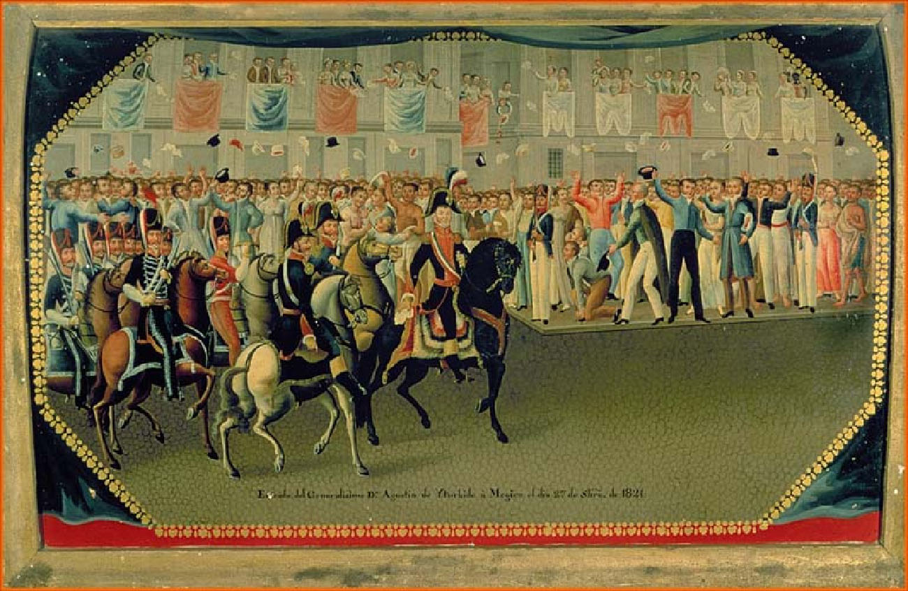 Á málverkinu ríður Agustín de Iturbide á hesti eftir borgargötu. Hermenn á hestum fylgja honum. Borgarbúar standa meðfram götunni og þyrpast á aðra hæð nærliggjandi bygginga.