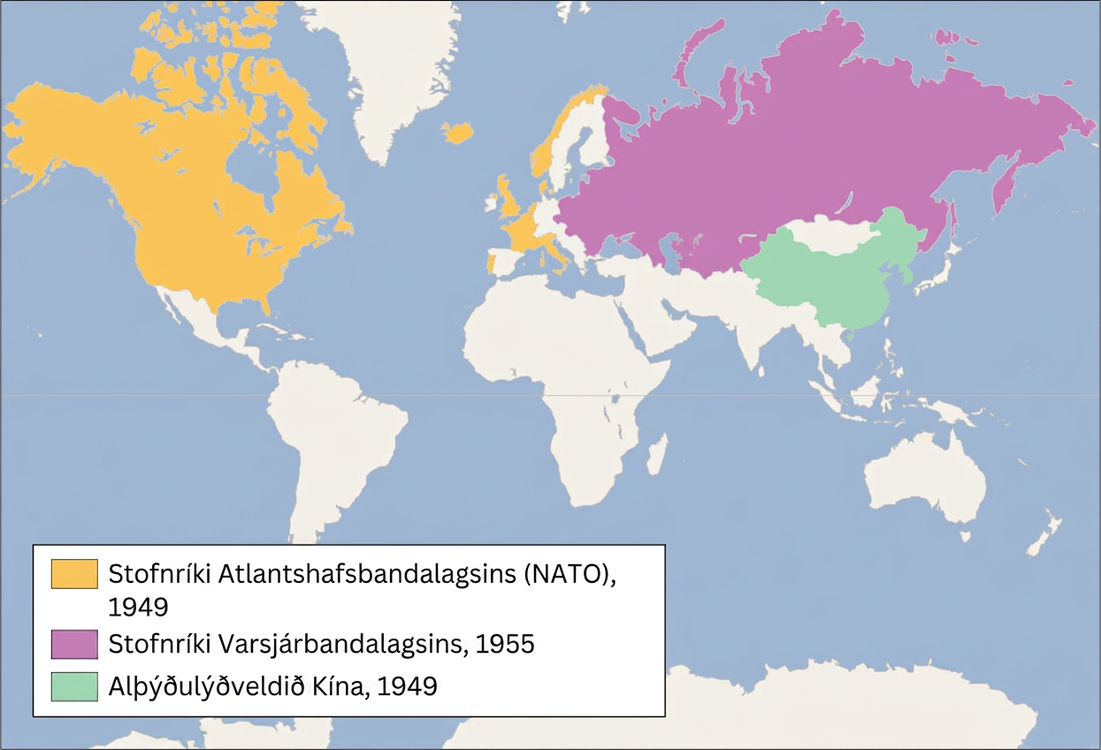 Heimskort er sýnt. Belgía, Danmörk, Frakkland, Bretland, Ísland, Ítalía, Lúxemborg, Niðurlönd, Noregur, Portúgal, Kanada og Bandaríkin eru gul og merkt stofnríki Atlantshafsbandalagsins (NATO), 1949. Albanía, Sovétríkin, Búlgaría, Tékkóslóvakía, Austur-Þýskaland, Ungverjaland, Pólland og Rúmenía eru fjólublá og merkt stofnríki Varsjárbandalagsins, 1955. Alþýðulýðveldið Kína árið 1949 er einnig merkt.