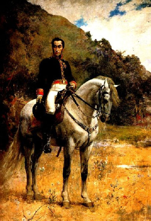 Á málverkinu klæðist Simón Bolívar herbúningi og ríður hvítum hesti. Fjöll og ský sjást í bakgrunni.