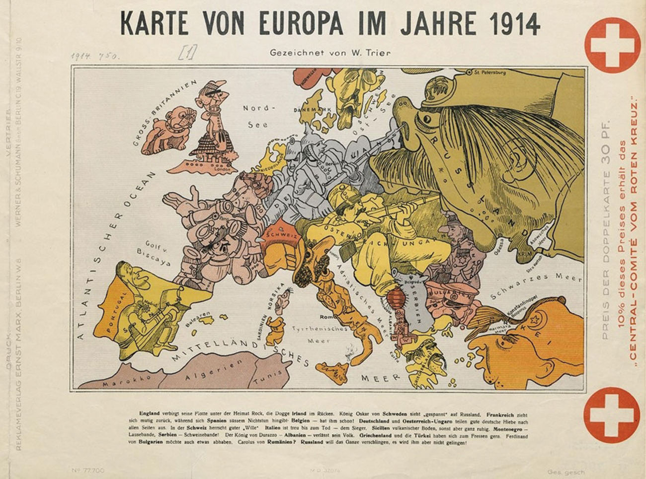 Þetta er háðskort af Evrópu árið 1914. Hvert ríki er sýnt í sínum lit og skreytt teiknimyndum af fólki og dýrum sem tákna það. Í Þýskalandi eru tveir hermenn. Annar beinir byssu að nefi Rússlands og ýtir einnig á nefið með fætinum. Hinn hermaðurinn snýr í gagnstæða átt, beinir byssunni að Frakklandi og stígur öðrum fæti inn í landið. Austurríki-Ungverjaland er sýnt sem hermaður sem beinir byssu að Rússlandi. Önnur ríki fylgjast með átökunum. Þýskur texti er á jöðrum kortsins.