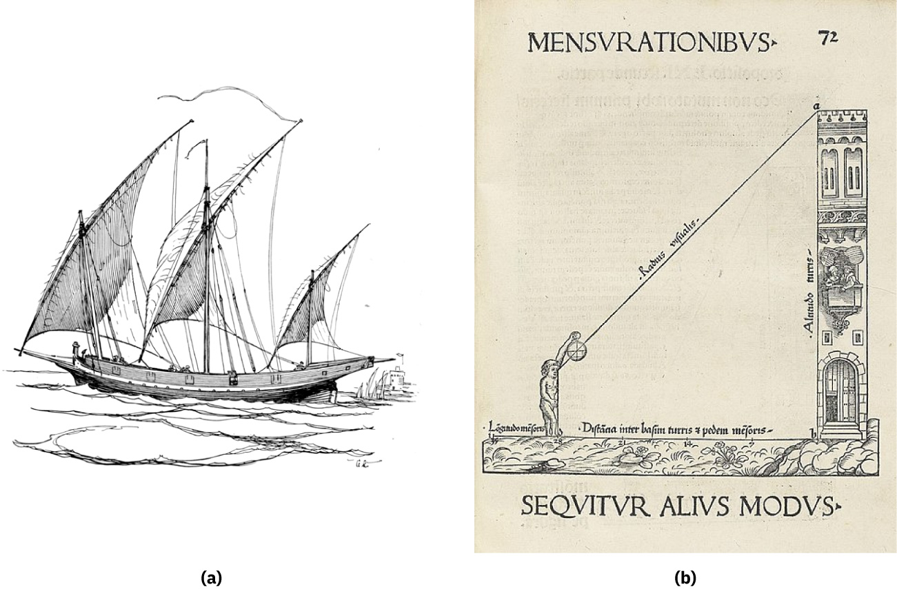 Tvær myndir eru sýndar. Á mynd a er bátur með þremur seglum og mörgum köðlum sem liggja upp og niður frá möstrunum. Hann siglir á vatni og op eru eftir endilöngum skipsskrokknum. Á mynd b myndast þríhyrningur af jörðinni, hárri og mjórri byggingu og manni sem heldur á kringlóttum hlut. Lína tengir kringlótta hlutinn við efsta hluta byggingarinnar. Orð eru skrifuð eftir línunni, vinstri hlið byggingarinnar og jörðinni og fyrir aftan manninn. Orðið „MENSVRATIONIBVS“ og talan „72“ eru skrifuð þvert yfir efri hlutann og orðin „SEQVITVR ALIVS MODVS“ sjást neðst.